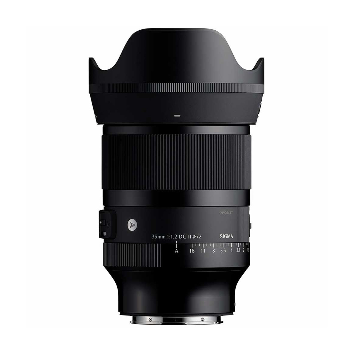 The black Sigma 35mm f/1.2 DG II Art L-Mount lens, with its wide lens hood, textured focus ring and aperture markings, is displayed vertically against a white background.