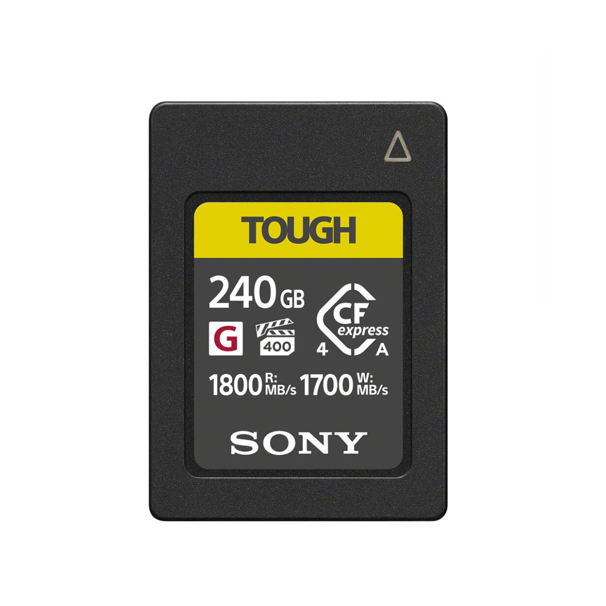 Sony CFexpress Type A 240 GB -muistikortti on pystysuorassa mustalla ja keltaisella tarralla, ja se tarjoaa 1800MB/s luku- ja 1700MB/s kirjoitusnopeuden.