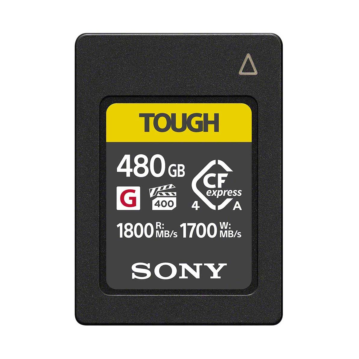 Sony CFexpress Type A 480GB -muistikortti, lukunopeus 1800MB/s, kirjoitusnopeus 1700MB/s. Musta kortti, jossa keltainen ja valkoinen etiketti teknisillä tiedoilla ja Sony-logolla.