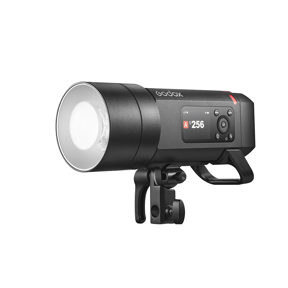 The Godox Witstro AD400 Pro II, a black studio strobe with digital display and control buttons, is mounted on an adjustable bracket and insulated on a white background.
