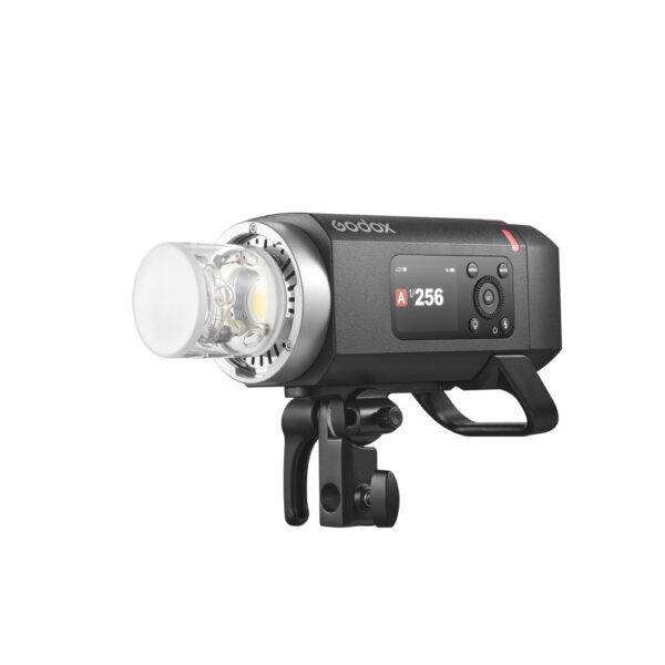 The black Godox Witstro AD400 Pro II studio strobe light with digital display, control buttons and bracket for lamp stands is shown in a diagonal white background.