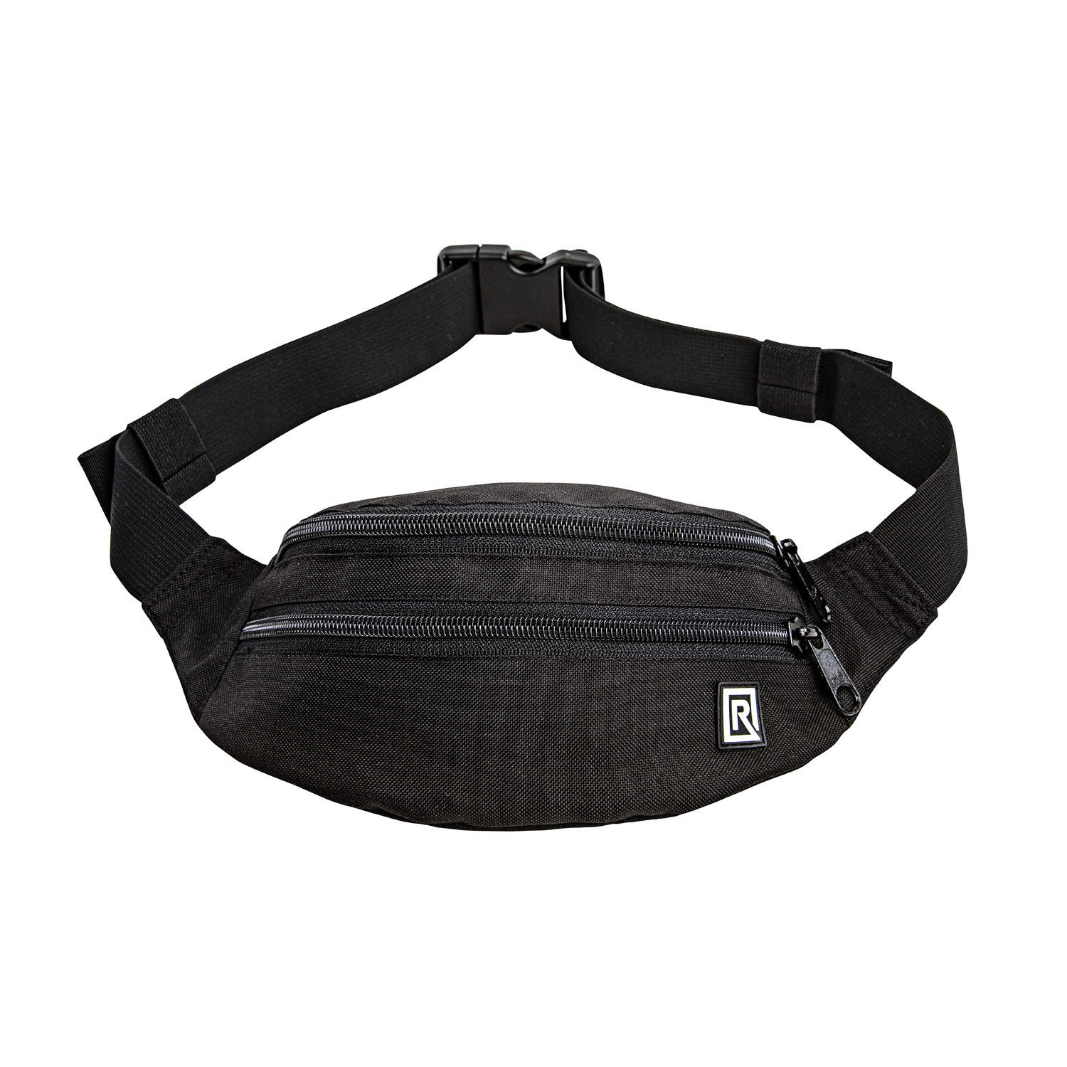 BlackRapid Waist Pack Black on musta vyötärölaukku, jossa on säädettävä hihna, muovisolki, kaksi vetoketjulokeroa ja pieni suorakulmainen logolaastari edessä.