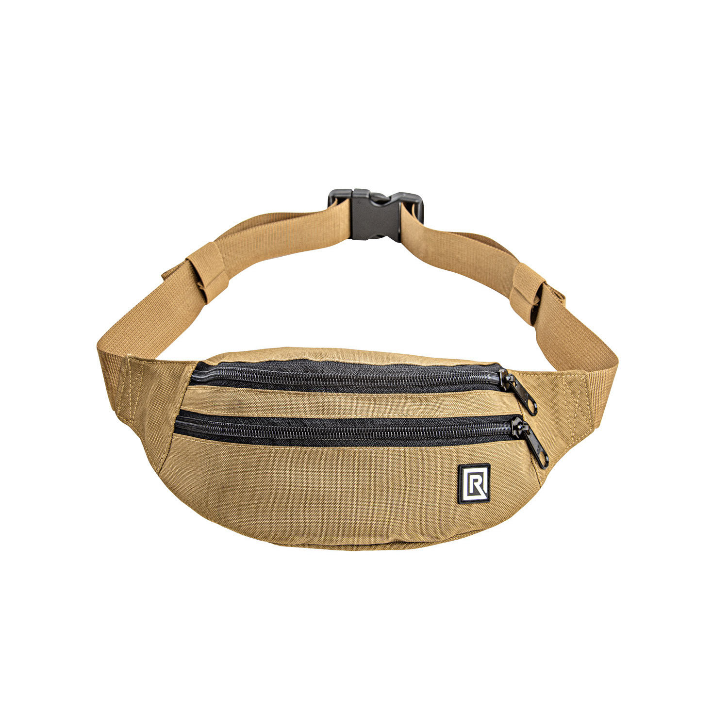 BlackRapid Waist Pack Coyote on ruskehtava vyötärölaukku, jossa on kaksi mustaa vetoketjullista lokeroa, säädettävä hihna mustalla muovisoljella ja pieni mustavalkoinen neliön muotoinen logo edessä.