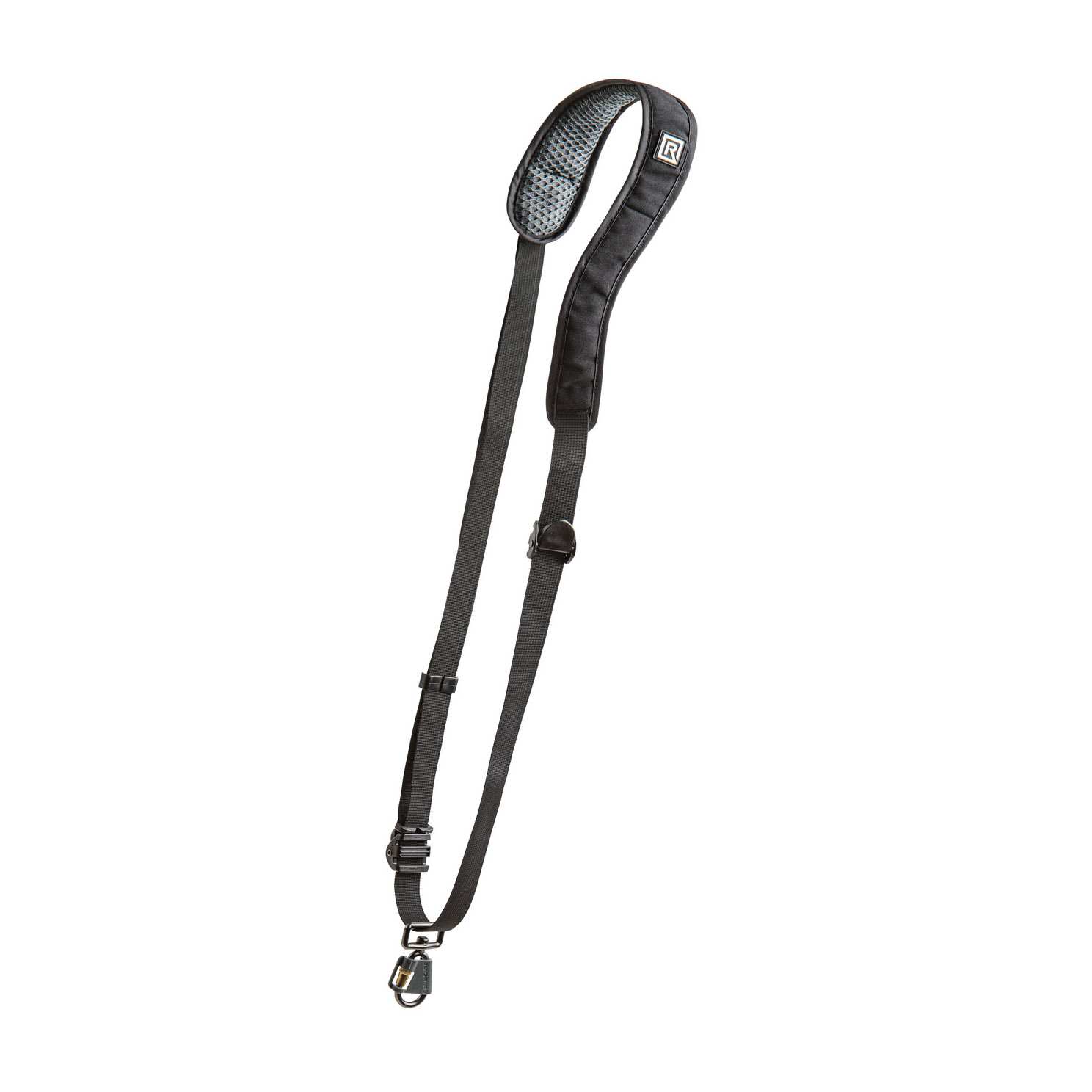 BlackRapid RS W2 Camera Sling for Women -kamerahihna on musta säädettävä hihna, jossa on pehmustettu olkaosa ja metalliklipsi, joka näkyy valkoisella pohjalla.