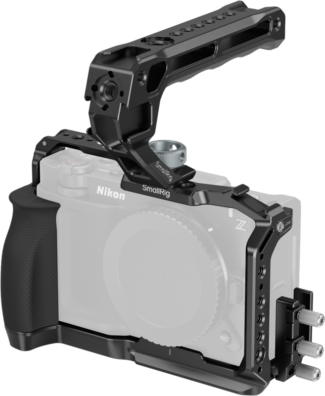 SMALLRIG 5647 Cage Kit for Nikon ZR is a black camera cage with top handle, mounting points and ergonomic grip. Pictured without camera, fully in place.
