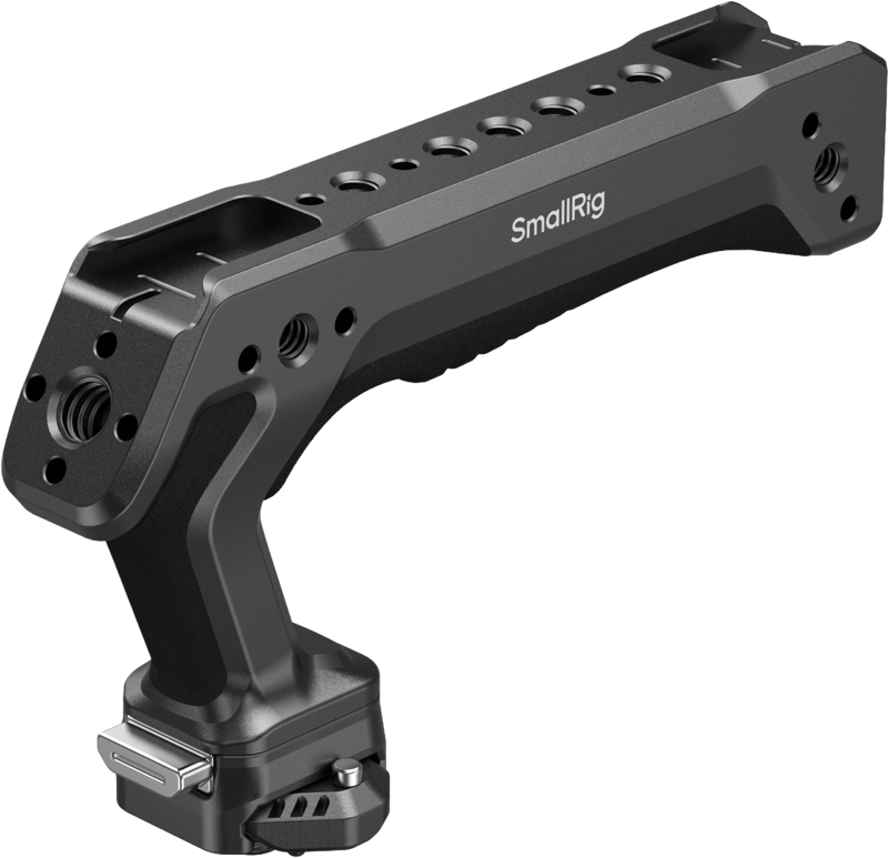 SMALLRIG 5632 HAWKLOCK H21 Quick Release Top Handle on musta metallinen kamerakahva, jossa on useita kiinnitysreikiä ja kiinnityspisteitä ja joka on suunniteltu parantamaan kameran kiinnitystä ja käsittelyä.