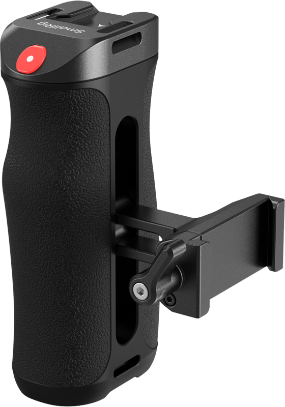 The SMALLRIG 5694 ARCA Side Grip with REC Trigger is a black ergonomic camera grip with a red shutter button at the top and an adjustable arm to hold your smartphone out from the side.