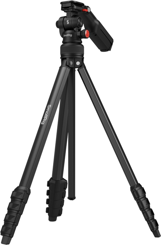 SmallRig 5473 Compact Aluminum Tripod with Phone Clamp -kolmijalka -mallissa on säädettävät jalat ja kuulapääkiinnitys, kuvassa mustana vaalealla pohjalla.