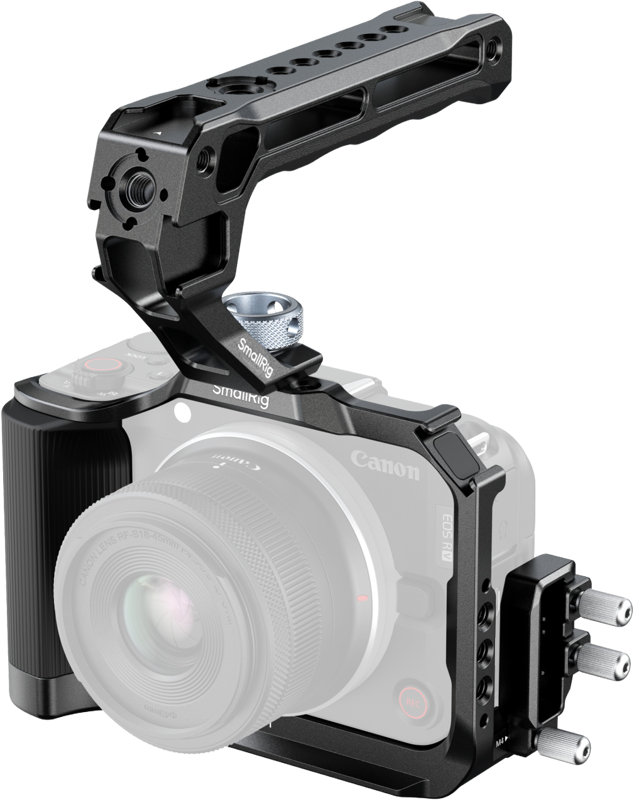 SmallRig 5766 Cage for Canon EOS R50 V Black is a black metal camera cage with top handle that mounts on a Canon camera. It offers multiple mounting points and accessory options for added stability and attachment.