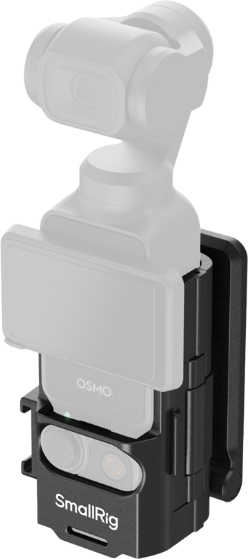 The SmallRig 5631 Mount Support for DJI Osmo Pocket 3 is a black mount designed to hold your compact camera securely, and in this image the camera and screen are shown with a semi-transparent grey coating.