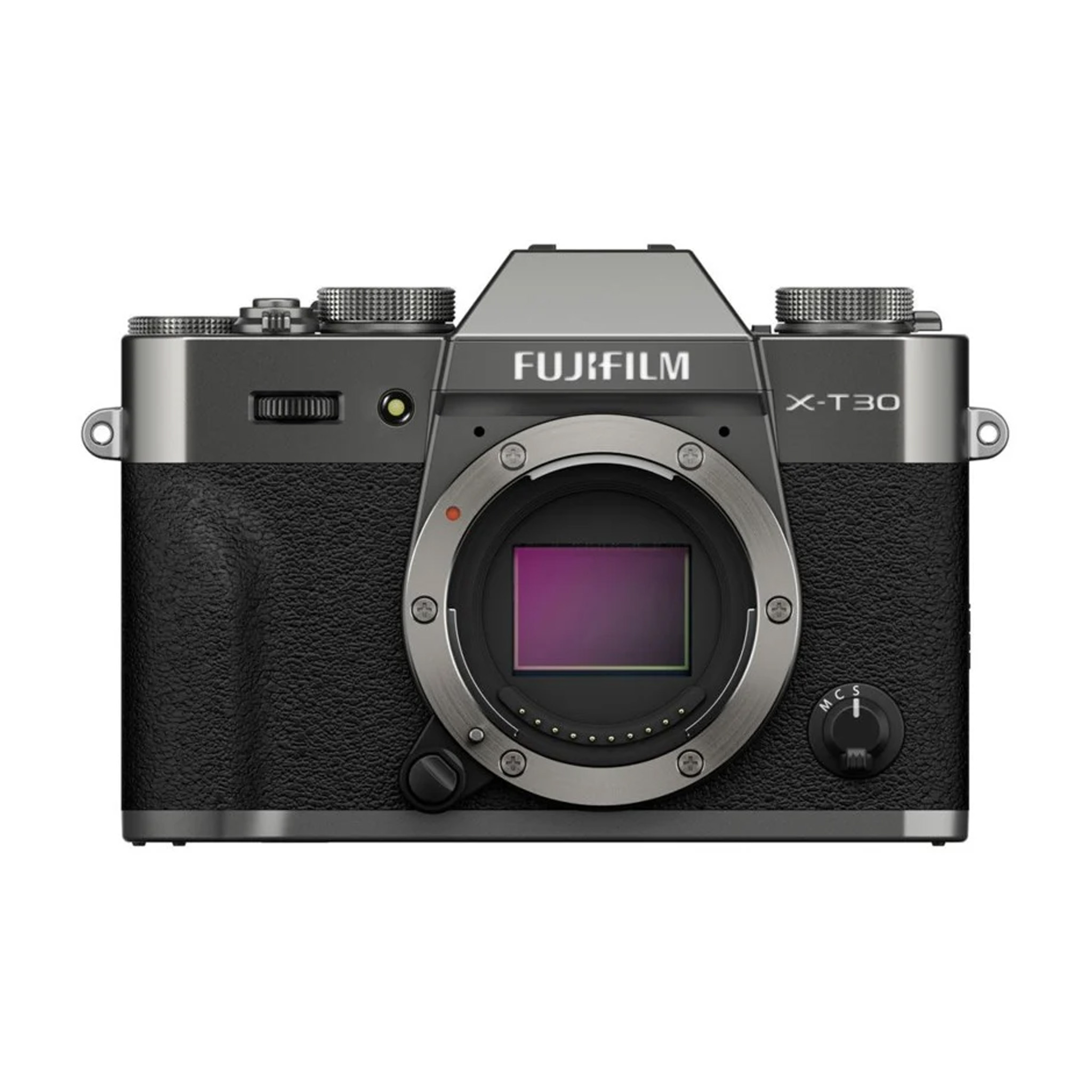 Front view of the Fujifilm X-T30 III Body Charcoal Silver mirrorless camera, showing the exposed sensor and Fujifilm branding above the lens mount.