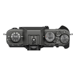 Fujifilm X-T30 III -rungon yläkuvassa Harmaa näyttää säätöpyörät elokuvasimulointia, suljinnopeutta ja valotuksen kompensaatiota varten sekä oikealla olevan kuvioidun päälle/pois-kytkinpidikkeen.