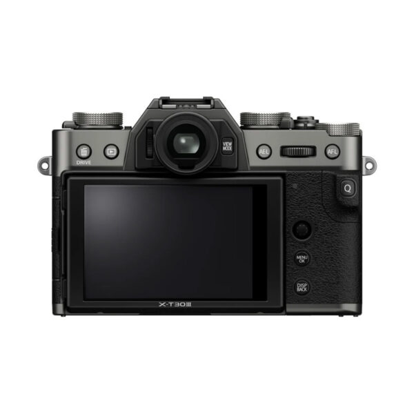 Fujifilm X-T30 III Body Harmaa (Charcoal Silver) näkyy takaa, ja siinä on suuri LCD-näyttö, useita ohjauspainikkeita, valintakiekot, etsin ja musta muotoilu hopeisilla korostuksilla.
