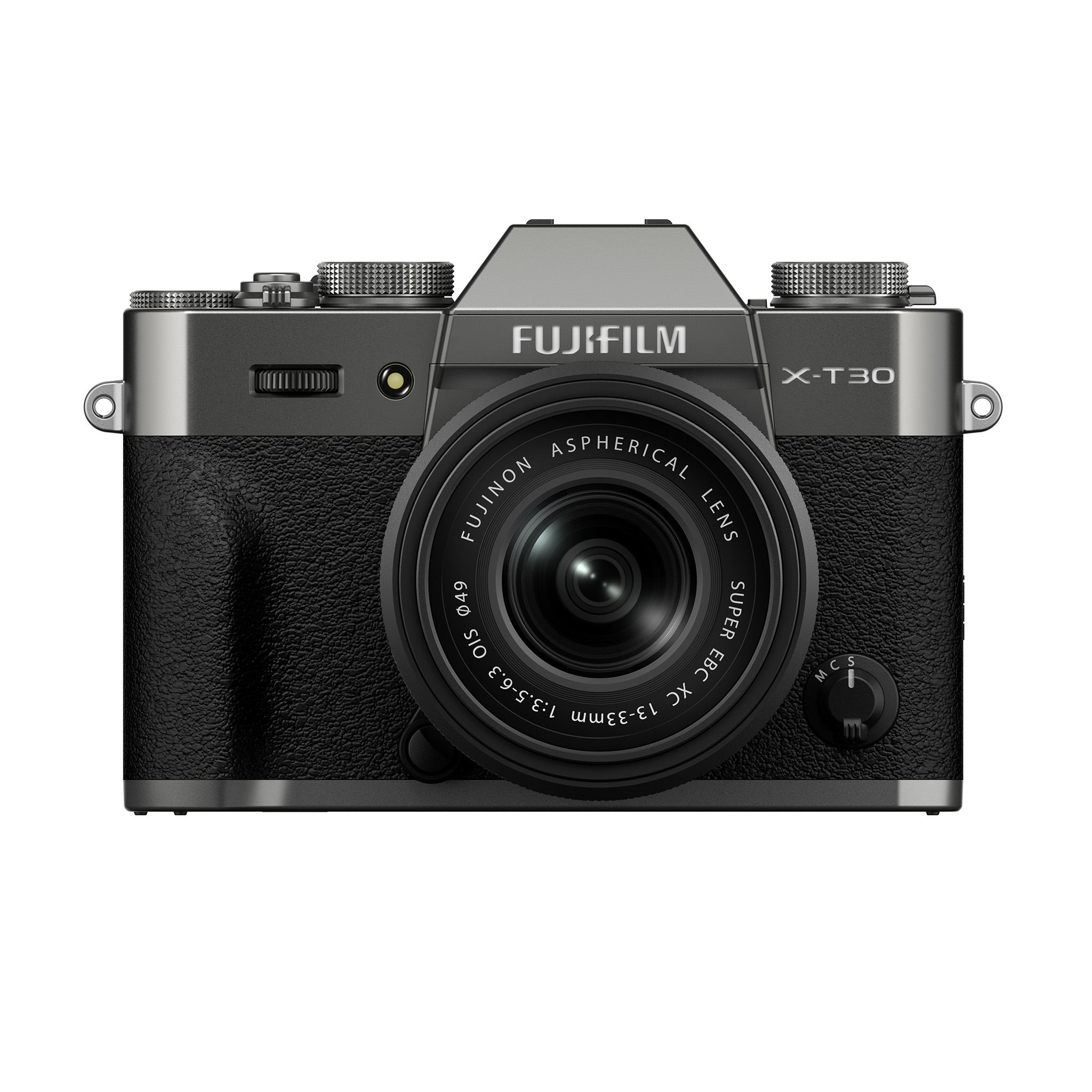 Front view of a grey Fujifilm X-T30 III camera with black textured grip and attached XC 13-33mm f/3.5-6.3 OIS lens with top dials and Fujifilm branding above the lens.