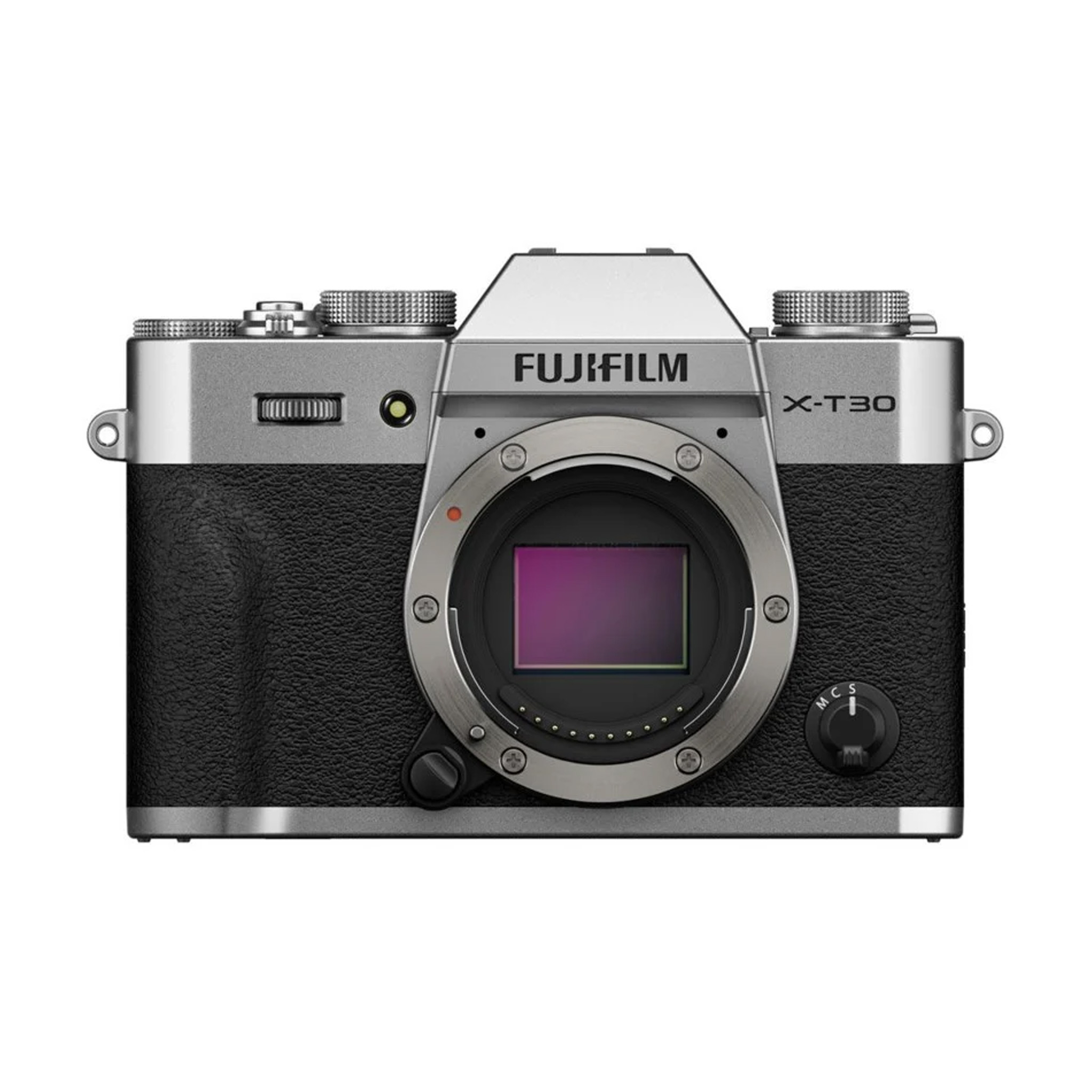 Front view of the Fujifilm X-T30 III Body Silver body in silver and black, showing the lens mount, sensor and control buttons and dials.
