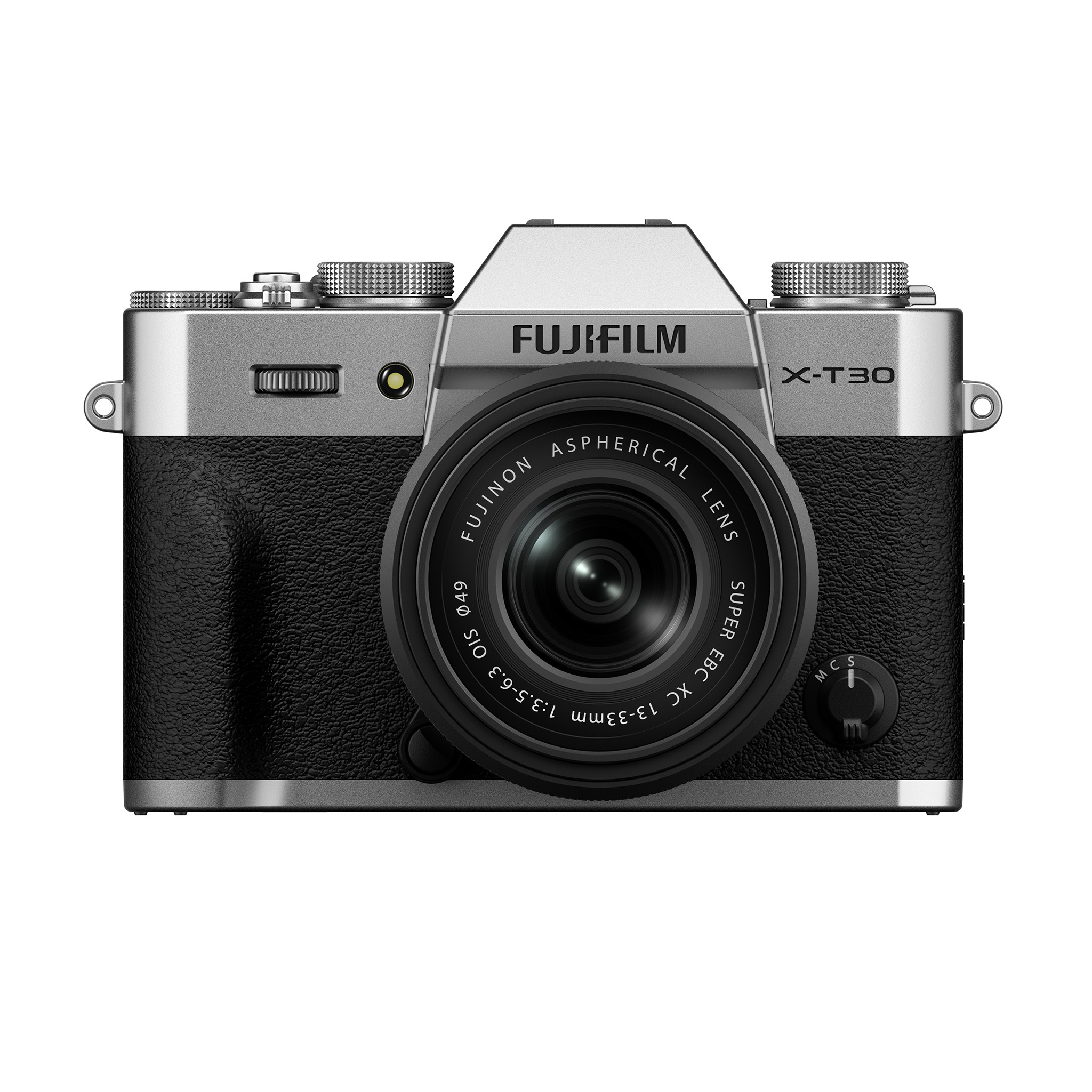 Silver Fujifilm X-T30 III digital camera with XC 13-33mm f/3.5-6.3 OIS lens, front view against a white background.