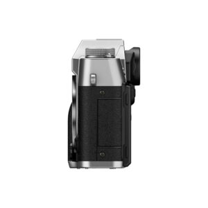 Side view of the Fujifilm X-T30 III Body Silver digital camera in silver and black with textured grip, buttons and visible lens mount on the left, against a white background.