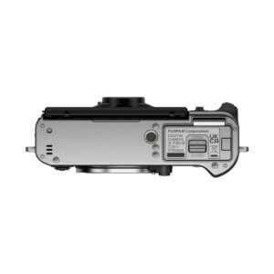 Fujifilm X-T30 III Body Silver top-down silver digital camera image showing the battery compartment, labels and part of the lens.