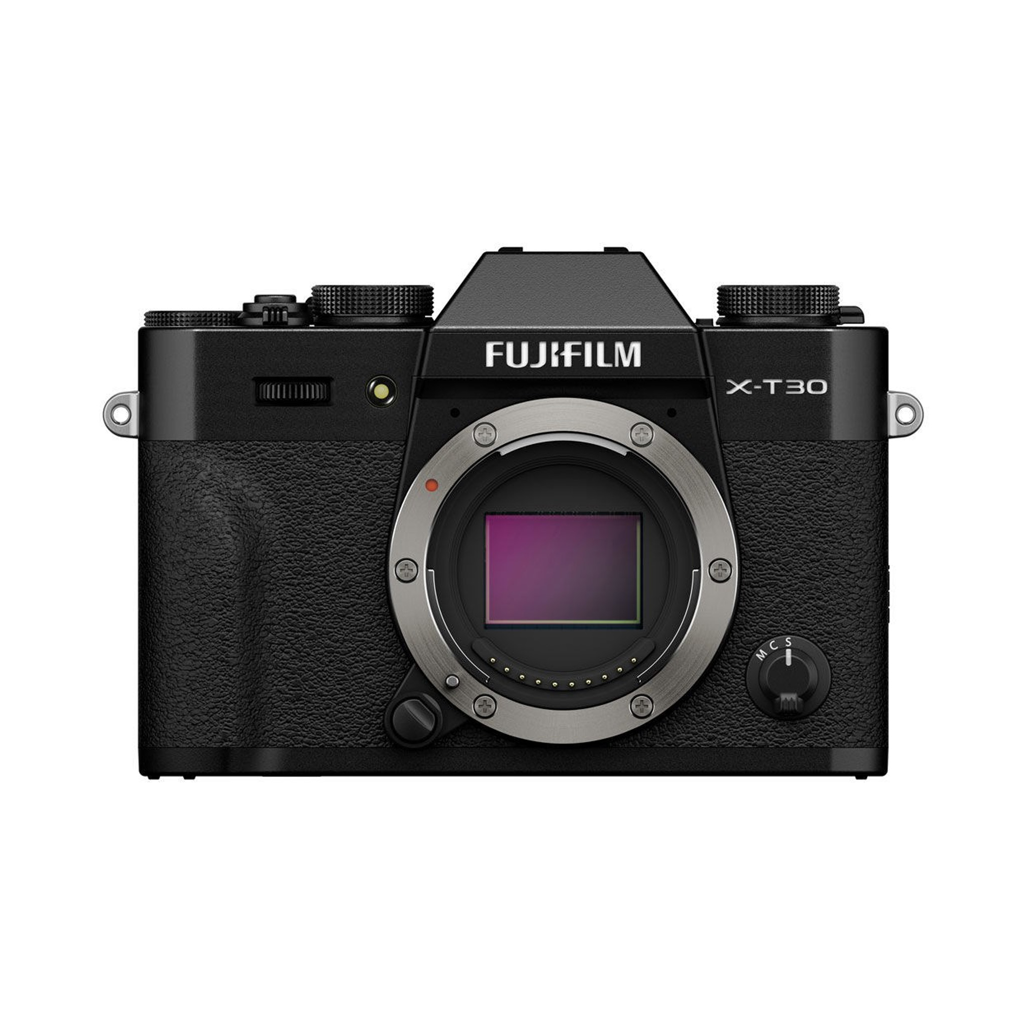 The front view of the Fujifilm X-T30 III Body Black shows the lens mount, image sensor, grip, control dials and Fujifilm branding at the top.