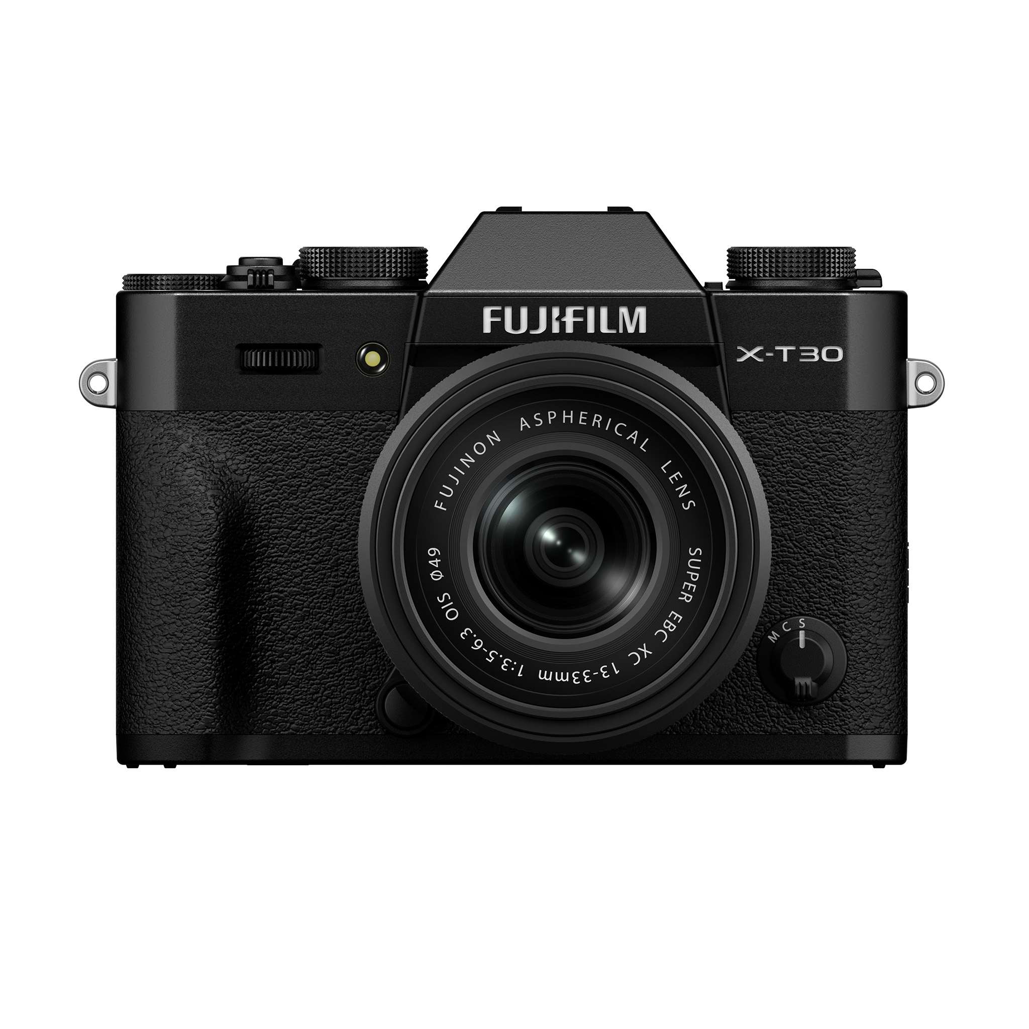 Black Fujifilm X-T30 III mirrorless digital camera with XC 13-33mm f/3.5-6.3 OIS lens, shot from the front against a white background.