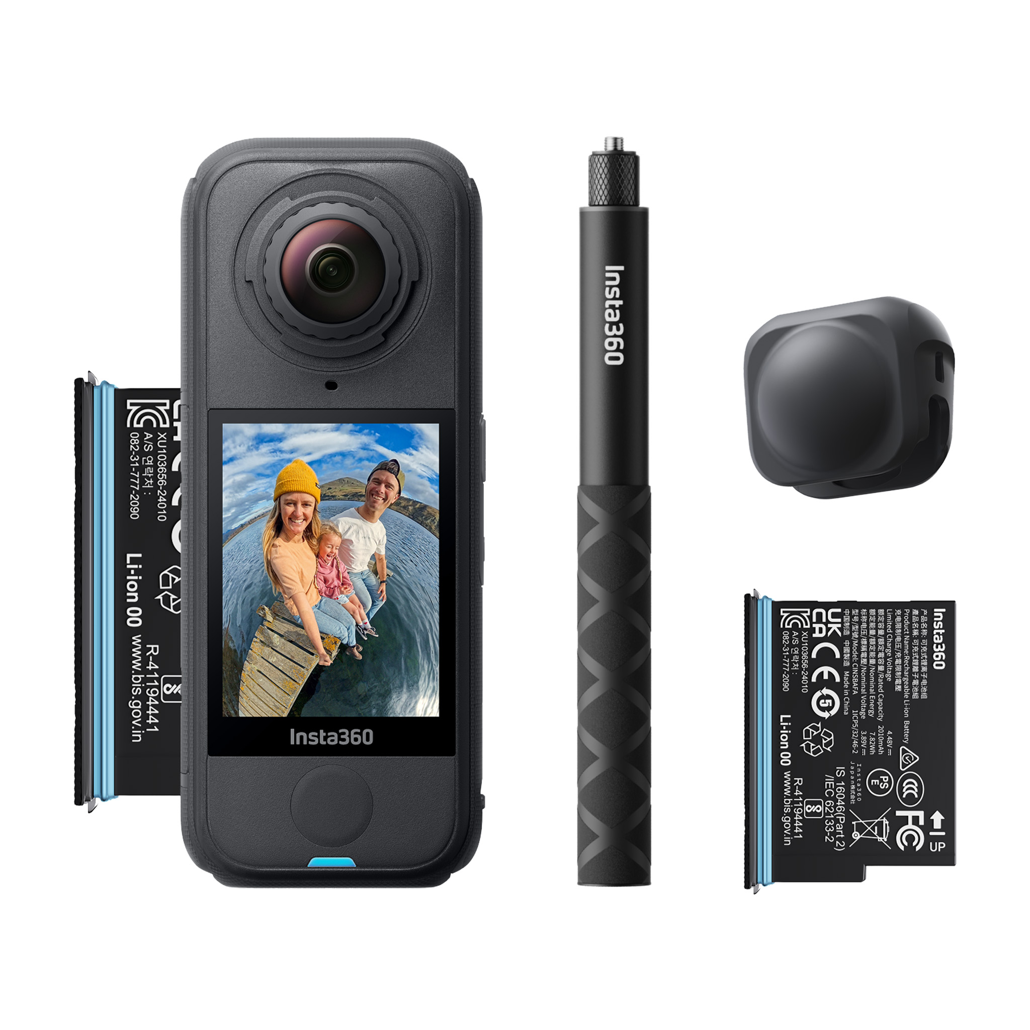 Insta360 X4 Air Starter Bundle action camera with display pair, two batteries, protective lens cover and black Insta360 selfie stick with white background.