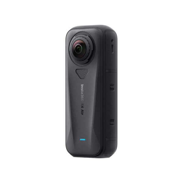 X4Air3 The black Insta360 X4 Air Standard Bundle action camera stands upright on a white background, highlighting its rounded lens, minimalist buttons and subtle branding.