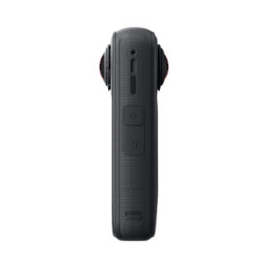 X4Air4 The Insta360 X4 Air Standard Bundle action camera appears black on the side, with a textured handle, two buttons and lens edges on either side against a white background.