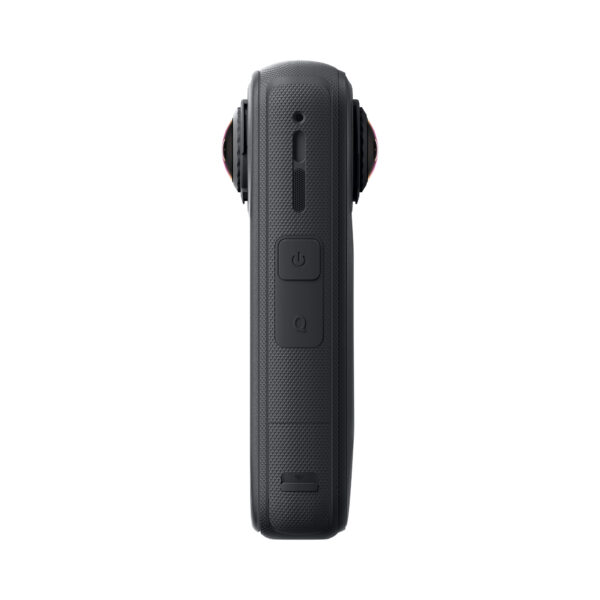 X4Air4 The Insta360 X4 Air Standard Bundle action camera appears black on the side, with a textured handle, two buttons and lens edges on either side against a white background.