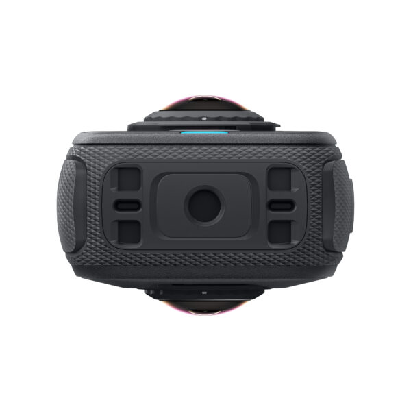 X4Air6 Close-up of the black Insta360 X4 Air Standard Bundle action camera with textured handle, multiple buttons and visible lens against a white background.