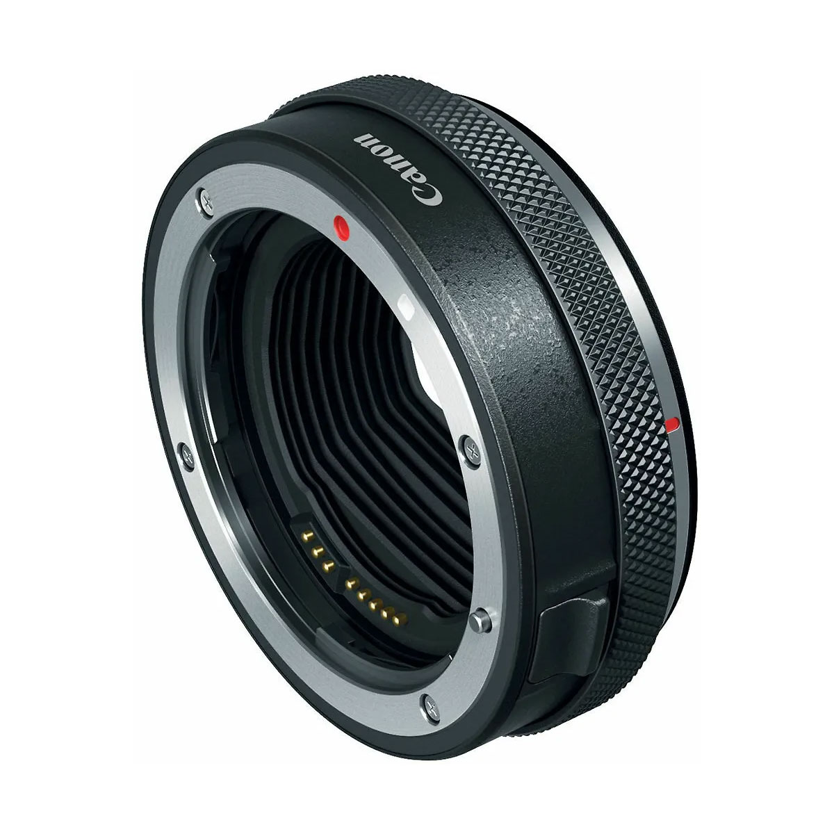 Canon EF - EOS R Control Ring -säätörengas-adapterissa on metallinen ja musta viimeistely, näkyvät elektroniset koskettimet sisäpuolella ja reunan ympärillä oleva nupukoitu kahva, joka näkyy tavallisella valkoisella pohjalla.