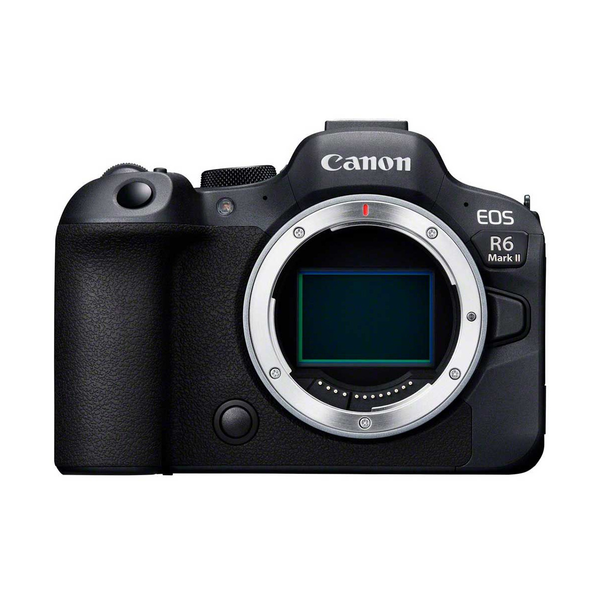 Canon EOS R6 Mark II -järjestelmäkamera, kuvattuna edestä ilman objektiivia: kameran sensorit ja objektiivikiinnitys näkyvät. Nyt 250€ alennus.