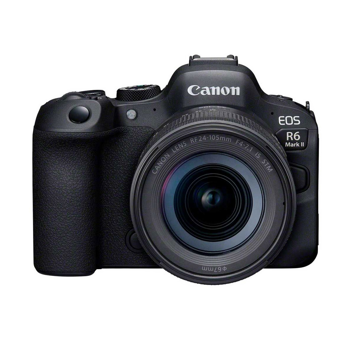 Canon EOS R6 Mark II + RF 24-105mm f/4-7.1 IS STM front view, showing the camera body, lens and Canon branding - now at a €250 discount.