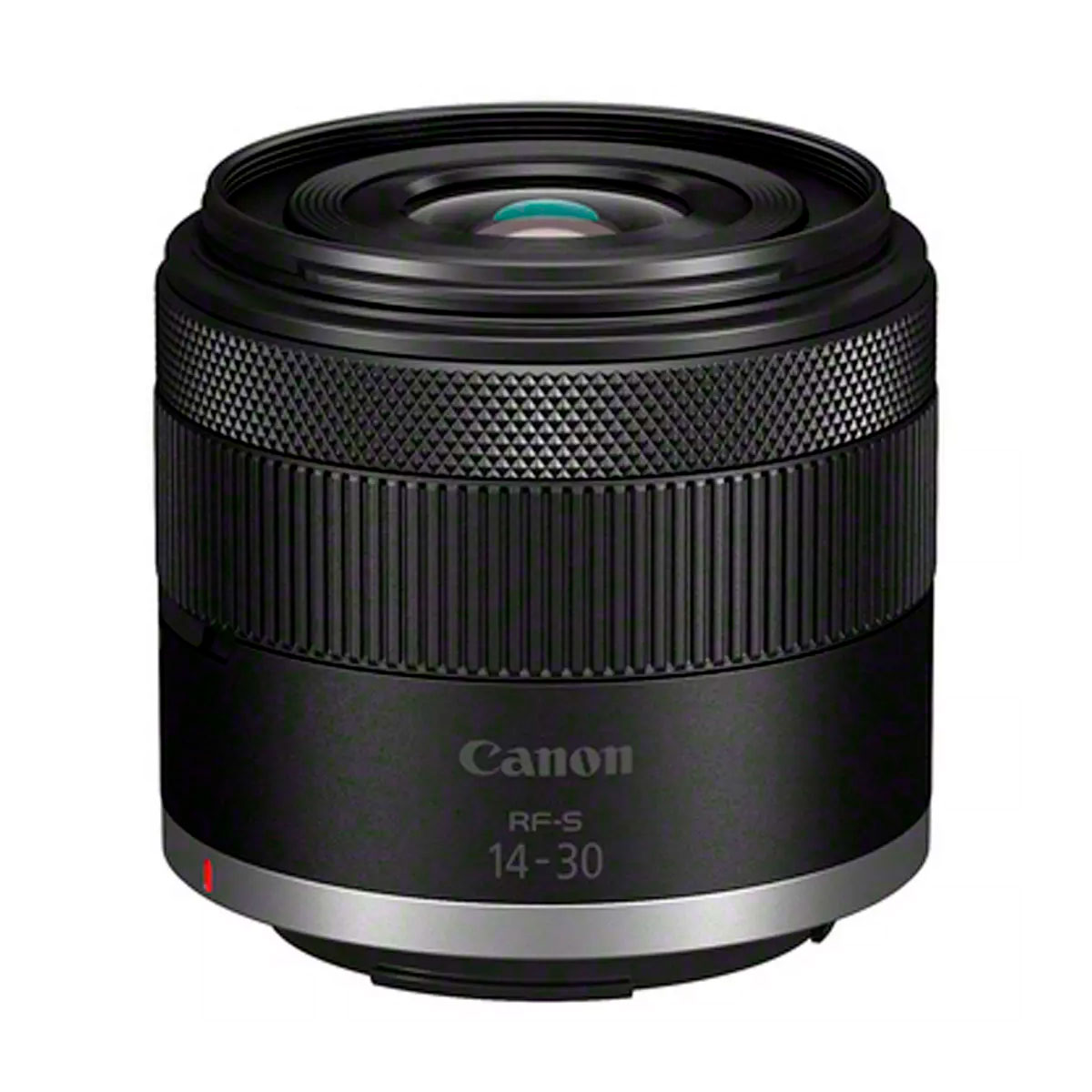 The black Canon RF-S 14-30mm f/4-6.3 IS STM PZ lens appears against a white background, with a textured focus ring and "Canon RF-S 14-30" printed on the front.
