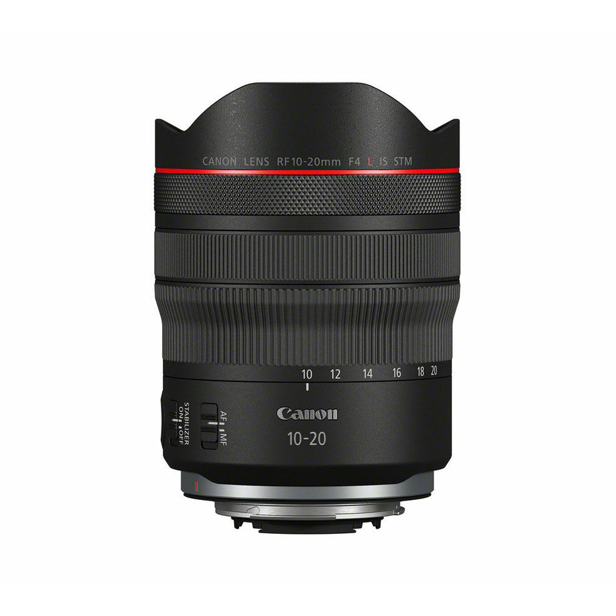 The Canon RF 10-20mm f/4 L IS STM lens with black body, red ring, control switches and detailed zoom markings is shown upright. You can now get a 200€ discount!.
