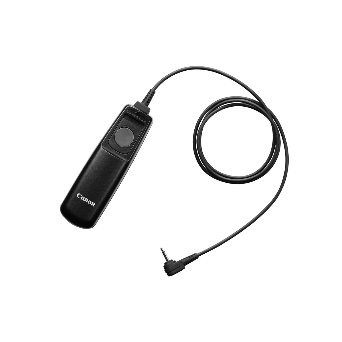 Canon RS-80E3 -kaukolaukaisin on musta kameran kaukolaukaisin, jossa on sisäänrakennettu painike, pitkä musta kaapeli ja 2,5 mm:n suorakulmainen 2,5 mm:n pistoke, kuvassa valkoisella pohjalla.