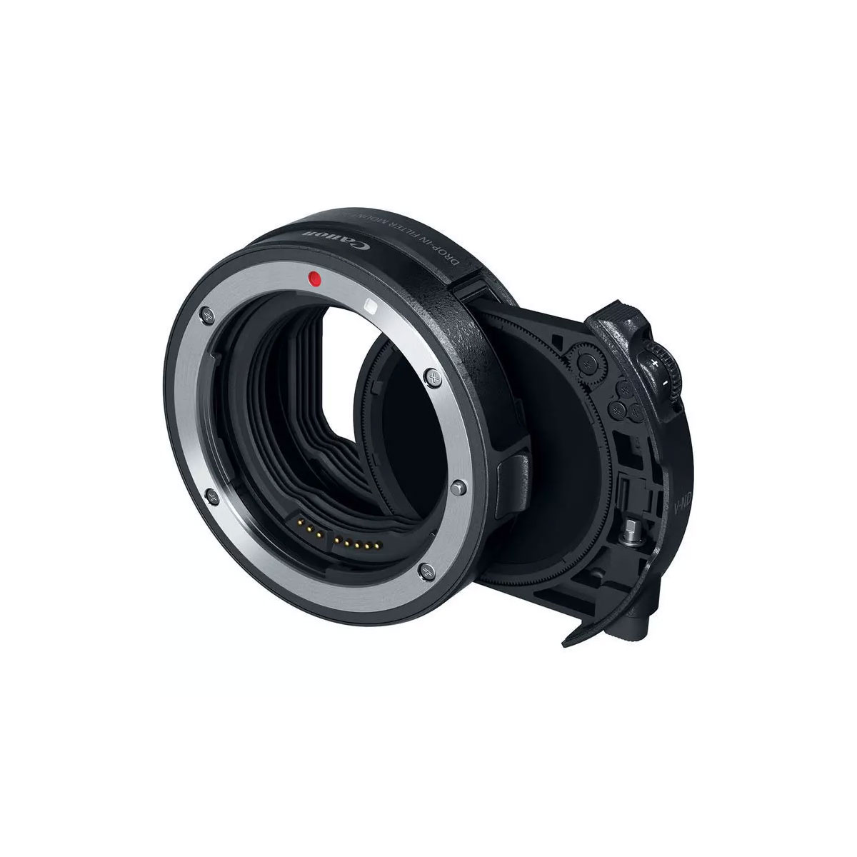 The Canon EF - EOS R Lens Adapter with ND Filter is a circular lens mount adapter with electronic contacts and hinged drop-down filter holder, pictured with the side open against a white background.