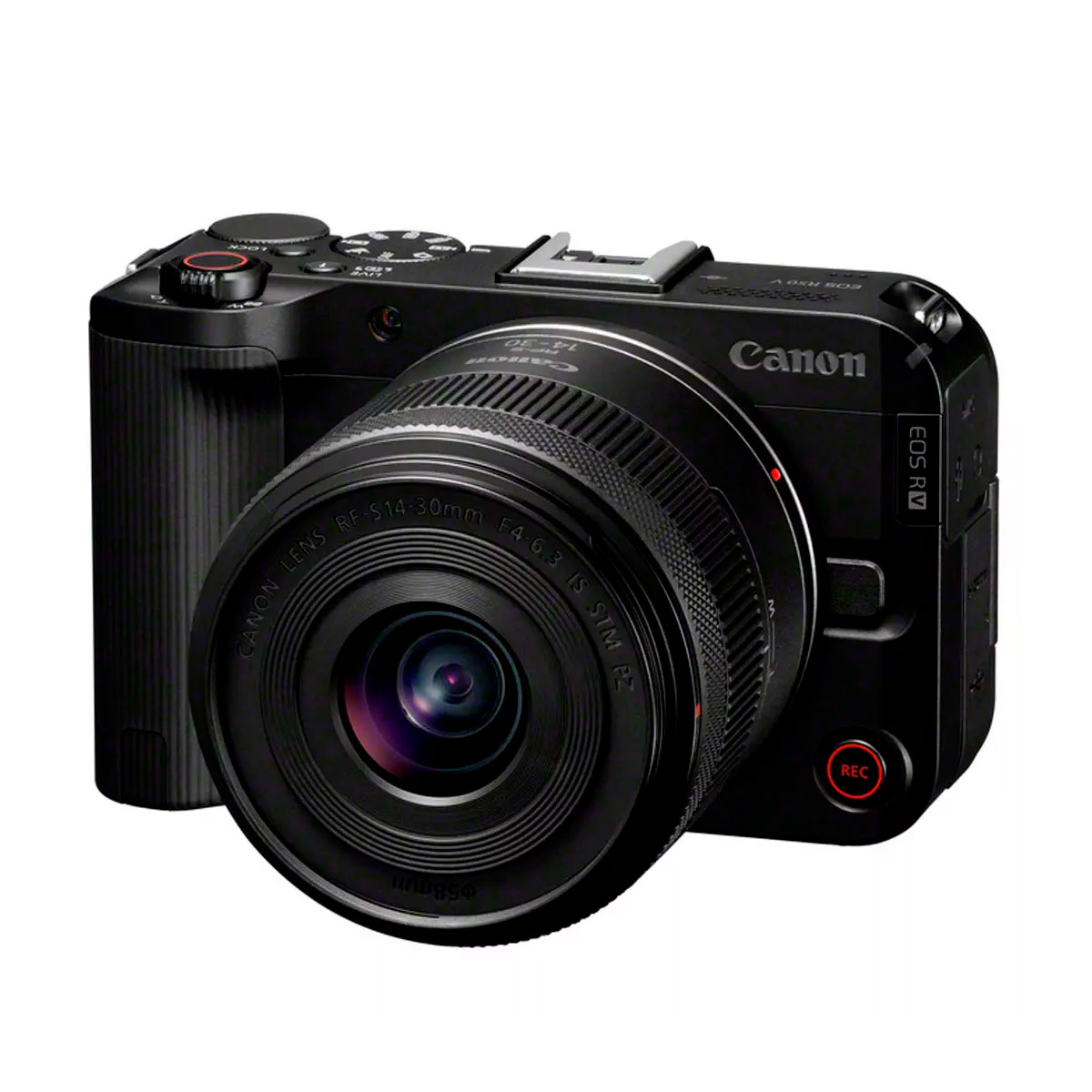 Musta Canon EOS R50 V -kamera, jossa on suuri RF-S 14-30mm f/4-6.3 IS STM PZ -objektiivi, näkyvät painikkeet, näkyvä kahva ja Canon-brändi etupuolella, nyt 200 € alennus.