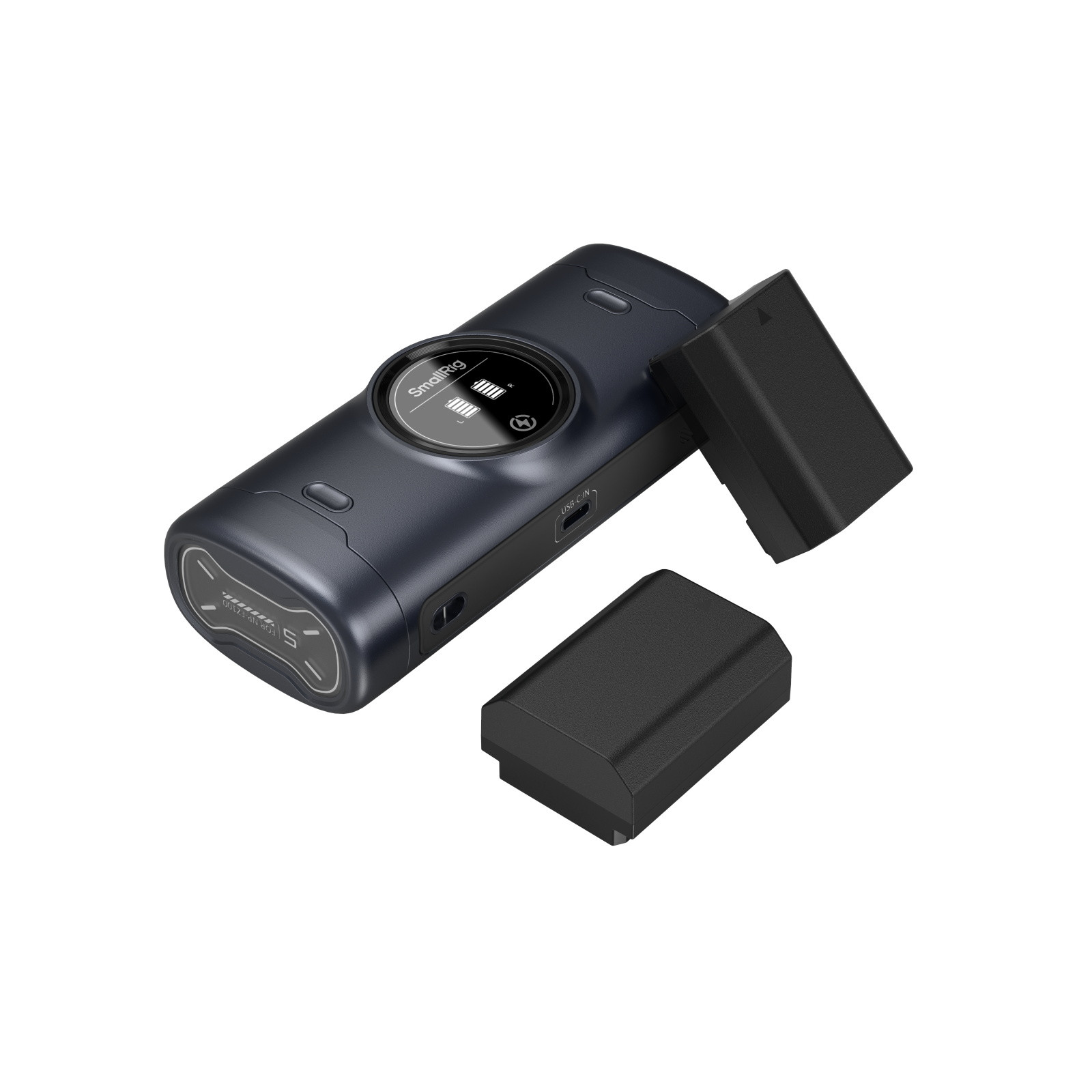 Musta SmallRig 5696 -kannettava laturikotelosarja NP-FZ100-kameran akuille, jossa on pieni näyttö, kaksi paikkaa ja kaksi irrotettavaa suorakulmaista akkua valkoisella pohjalla.