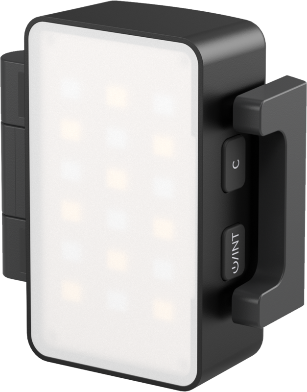 The SmallRig 5745 RGBWW LED video light for DJI Osmo Pocket 3 is a compact, rectangular light with a frosted front, black housing, C and U/INT marked control buttons and a right-hand bracket.