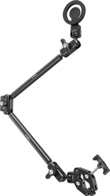 SmallRig 5626 Desktop Magic Arm with Crab-Clamp Kit -kamerateline on musta säädettävä kiinnitysvarsi, jossa on useita niveliä ja kiinnittimiä ja joka on suunniteltu laitteiden tai lisävarusteiden pitämiseen tavallista vaaleaa taustaa vasten.