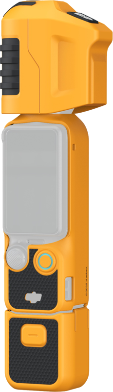 The SmallRig 5114 Silicone Case Kit for DJI Osmo Pocket 3 - Basic Bumblebee Edition is a yellow and black handheld case with a modular, removable design featuring visible hinges, textured handles and an easy-to-use display and button.