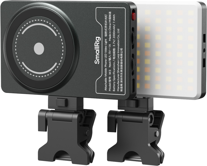 SmallRig 5505 M3 -mustesinisessä matkapuhelimen LED-videovalaisimessa on suorakulmainen muotoilu, magneettinen kiinnityslevy ja kaksi säädettävää kiinnikekiinnikettä, joiden avulla se voidaan kiinnittää turvallisesti erilaisiin pintoihin tai laitteisiin.