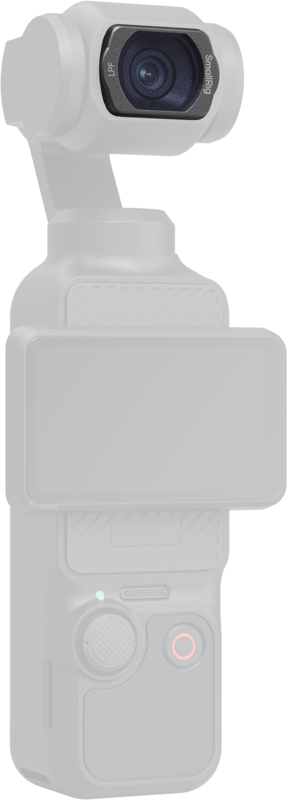 The SmallRig 5829 Light Pollution Reduction Filter for DJI Osmo Pocket 3 is attached to a compact, modern handheld camera gimbal with a built-in lens, control buttons and a small screen with a plain background.