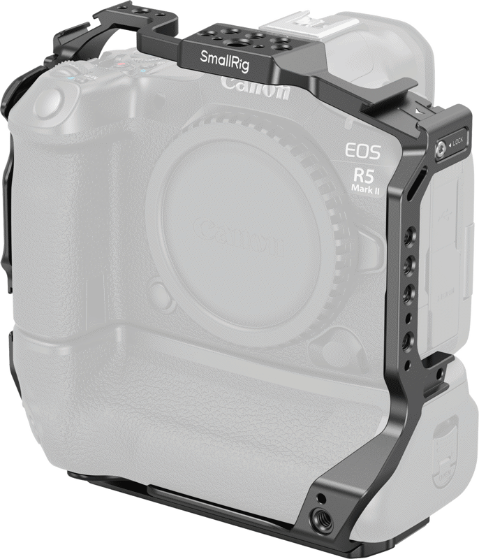 The SmallRig 5623 Cage for Canon EOS R5 Mark II with Battery Grip in black is mounted around the body of the semi-transparent Canon EOS R5 Mark II, emphasising the design and precise fit of the cage.