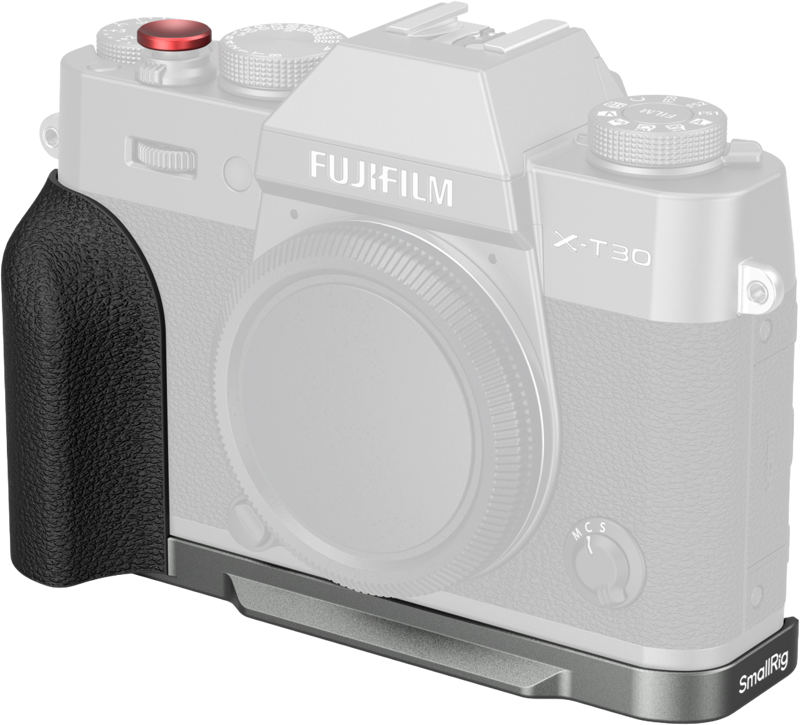 Fujifilm X-T30 -kamera, jossa on musta kuvioitu kahva ja metallinen SmallRig 5665 L-muotoinen kiinnityslevy (Fujifilm X-T30/II/III, harmaa), kuvassa osittain läpinäkyvä kahvan lisävarusteen korostamiseksi.