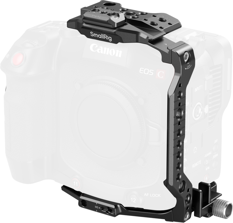 SmallRig 5810 Cage for Canon EOS C80 -kehikko on asennettu Canon EOS C -kameraan, mikä lisää kiinnityspisteitä ja suojaa. Kamera on häivytetty korostamaan häkin muotoilua ja rakennetta.