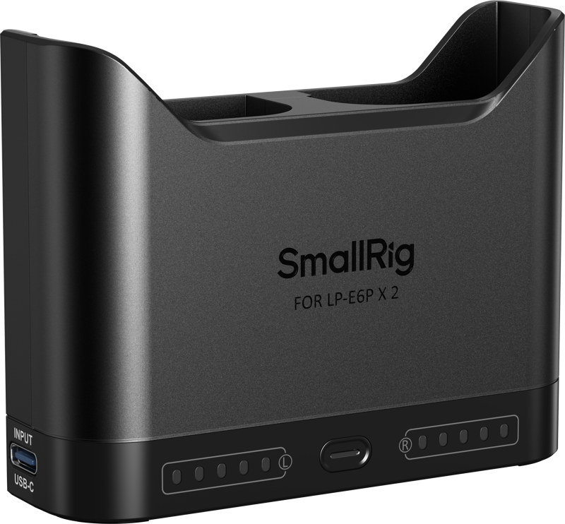 SmallRig 5490 Camera Battery Charger for LP-E6P -akkulaturi on musta, kompakti kaksoislaturi, jossa on kaksi akkupaikkaa, LED-merkkivalot ja vasemmanpuoleinen USB-C-tuloliitäntä.