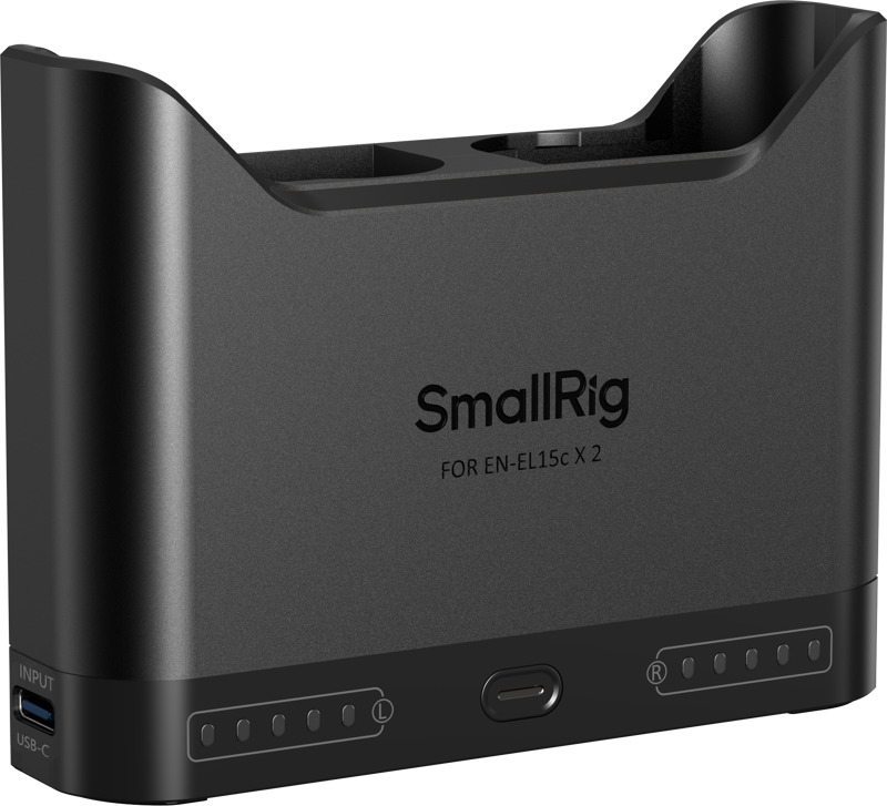 SmallRig 5491 Camera Battery Charger for EN-EL15c on musta laturi, jossa on merkityt kaksi akkuaukkoa, merkkivalot ja USB-C-liitäntä sivulla.