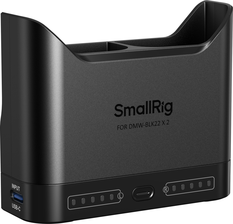 SmallRig 5492 Camera Battery Charger for DMW-BLK22 -akkulaturi on musta ja siinä on kaksi latauspaikkaa, LED-merkkivalot ja USB-C-tuloliitäntä.