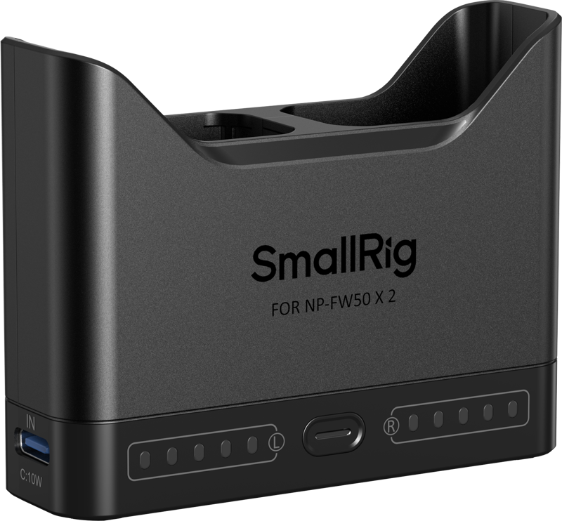 SmallRig 5493 Camera Battery Charger for NP-FW50 -akkulaturi on musta, siinä on kaksi latauspaikkaa, LED-merkkivalot, keskipainike ja sivussa USB-C-sisääntuloportti.